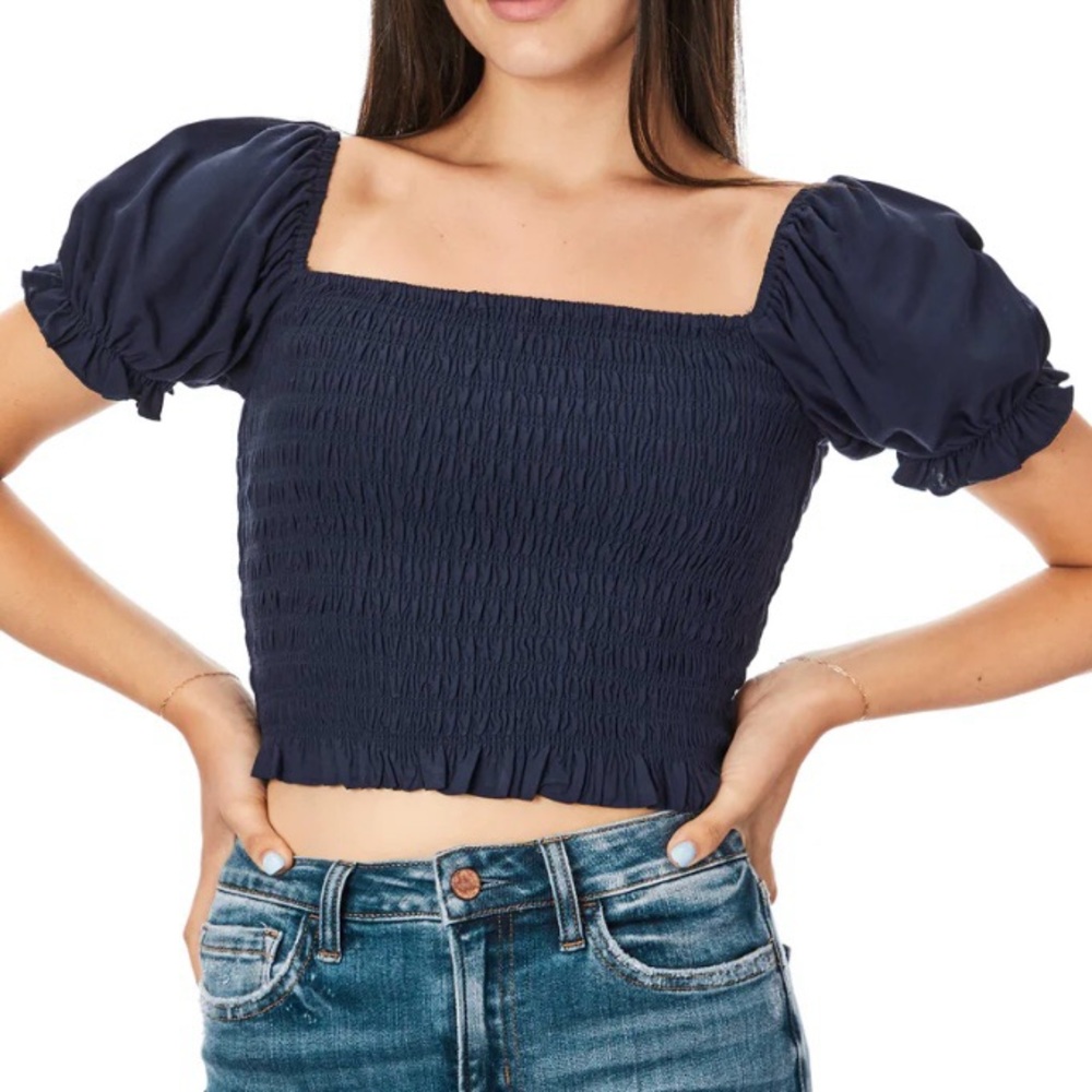 Francesca’s Miami Navy Puff Sleeve Smocked Crop Top (Blue) - small